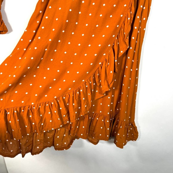 Faithfull The Brand Women's Carmel Mini Wrap Dress 8 Brown Orange Ruffled - Picture 6 of 9